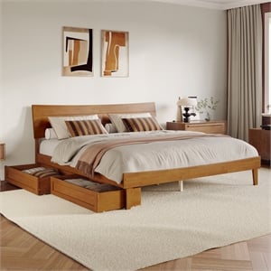 Pemberly Row King Solid Wood Platform Bed with Storage Drawers in Light Toffee