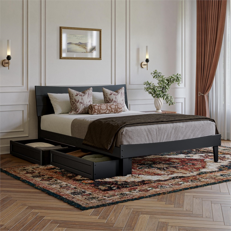 Pemberly Row Queen Solid Wood Platform Bed with Storage Drawers in Black