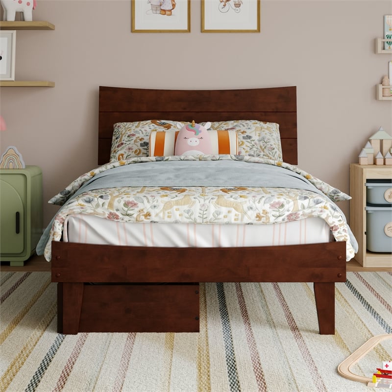 Pemberly Row Twin Solid Wood Platform Bed with Storage Drawers in Walnut