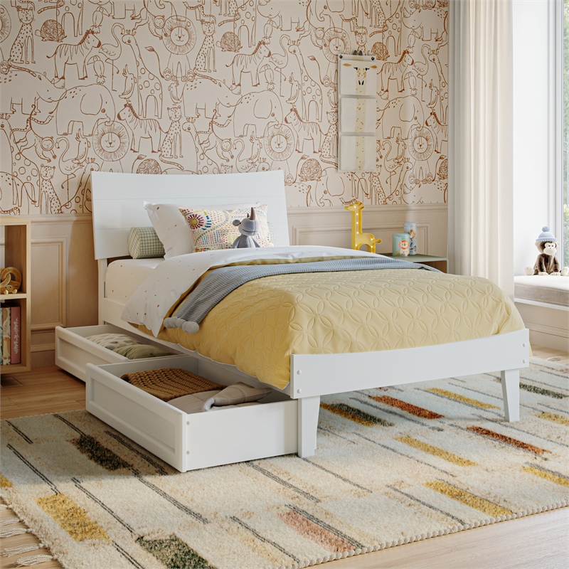 Pemberly Row Twin Solid Wood Platform Bed with Storage Drawers in White