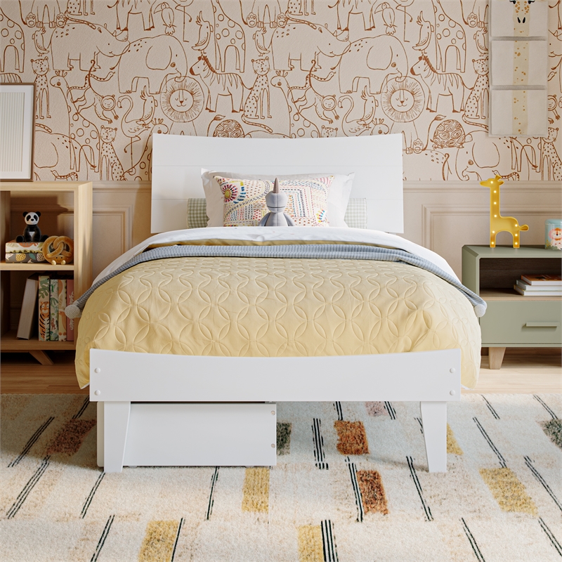 Pemberly Row Twin Solid Wood Platform Bed with Storage Drawers in White