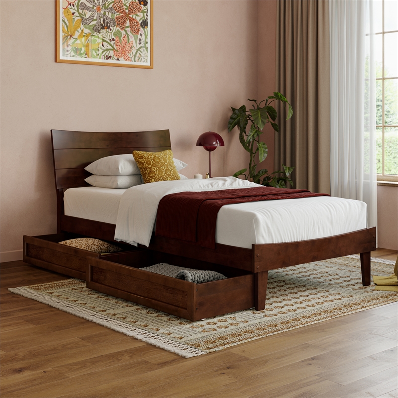 Pemberly Row Twin XL Solid Wood Platform Bed with Storage Drawers in Walnut