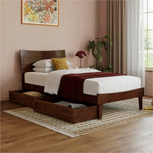 Pemberly Row Twin XL Solid Wood Platform Bed with Storage Drawers in Walnut