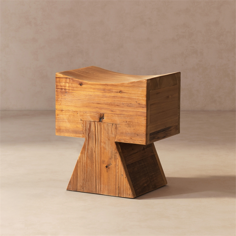 Pemberly Row Sculptural Stool Ottoman in Honey Aged Brown Reclaimed Pine