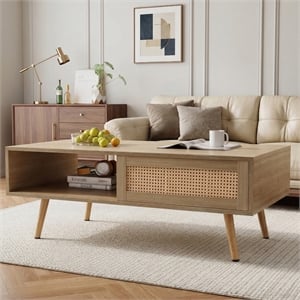 Pemberly Row 41&quot Modern Rattan Coffee Table with Storage & Wood Legs in Natural