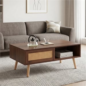 Pemberly Row Modern Walnut Rattan Coffee Table with Wood Legs