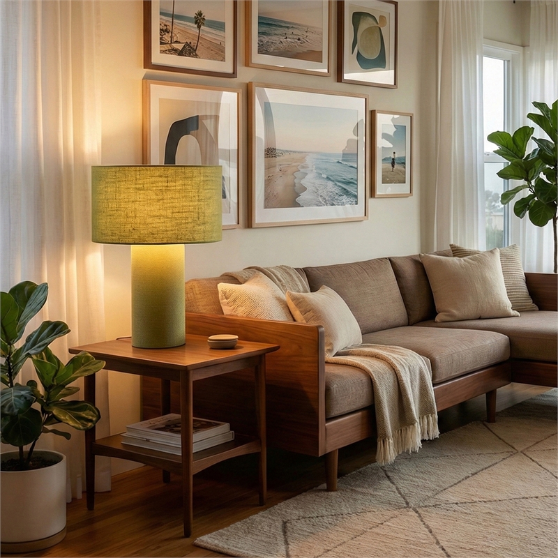 Pemberly Row Contemporary Moonlight Table Lamp with Avocado Fabric Shade