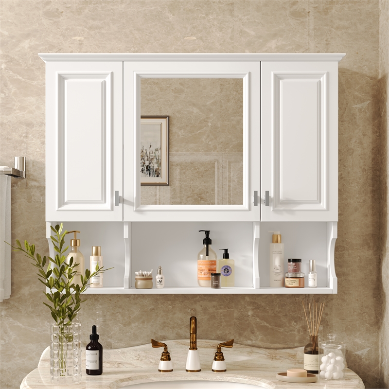 Pemberly Row Wall Mounted White Wood Mirror Medicine Cabinet with Open Shelves