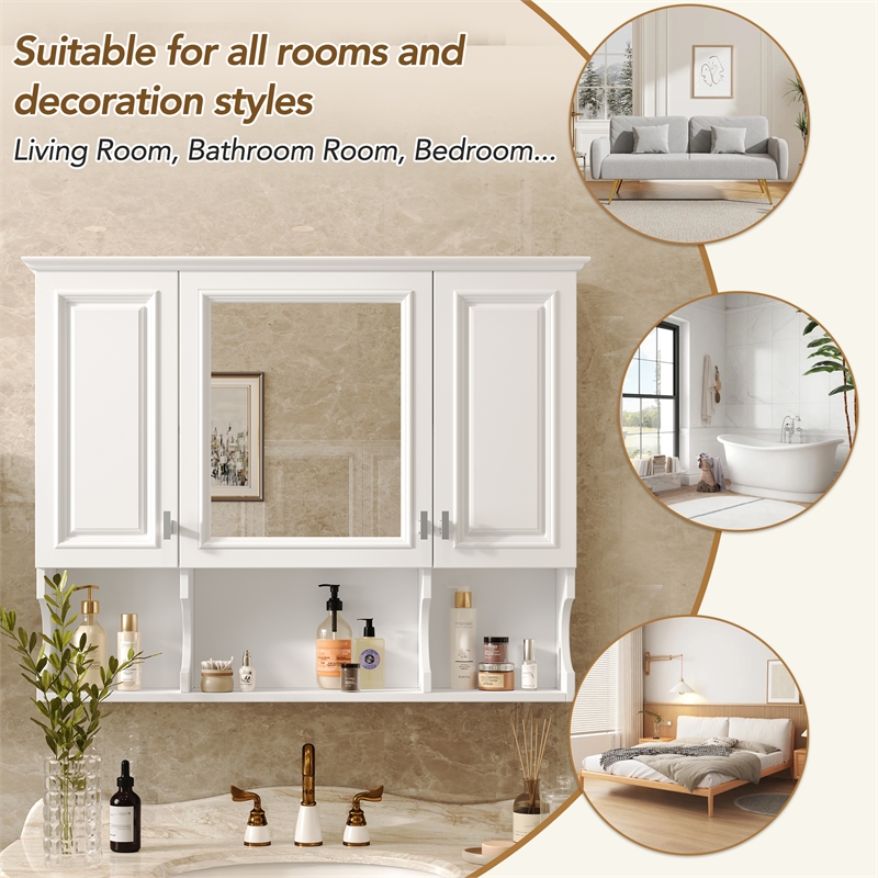 Pemberly Row Wall Mounted White Wood Mirror Medicine Cabinet with Open Shelves