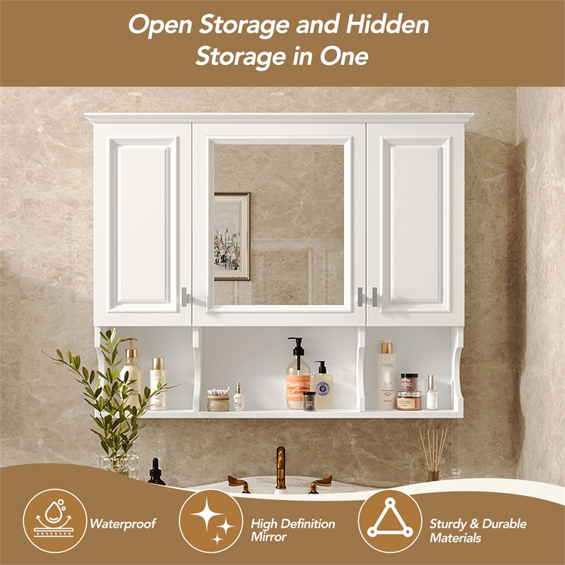 Pemberly Row Wall Mounted White Wood Mirror Medicine Cabinet with Open Shelves