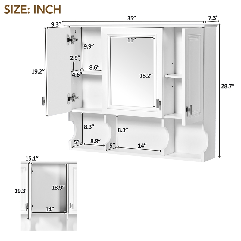 Pemberly Row Wall Mounted White Wood Mirror Medicine Cabinet with Open Shelves