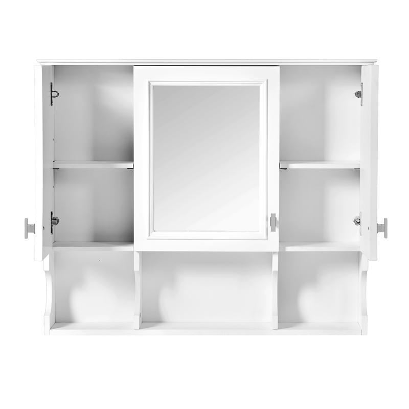 Pemberly Row Wall Mounted White Wood Mirror Medicine Cabinet with Open Shelves