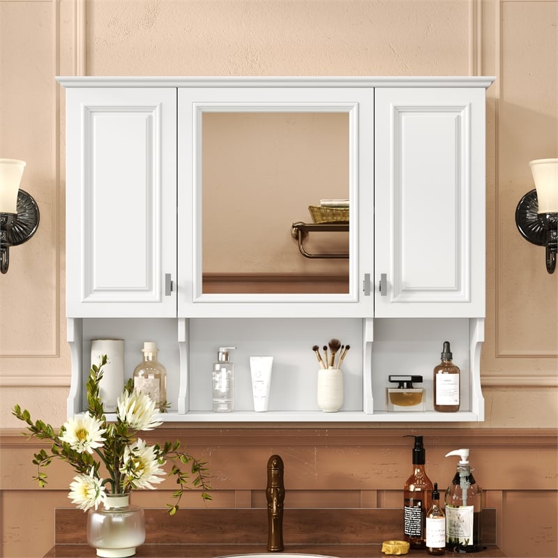 Pemberly Row Wall Mounted White Wood Mirror Medicine Cabinet with Open Shelves