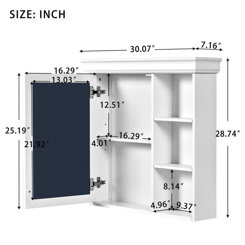 Pemberly Row White Wall Mounted Bathroom Medicine Cabinet with Mirror Storage
