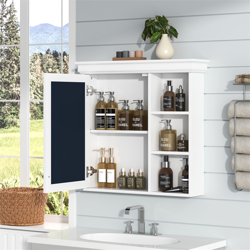 Pemberly Row White Wall Mounted Bathroom Medicine Cabinet with Mirror Storage