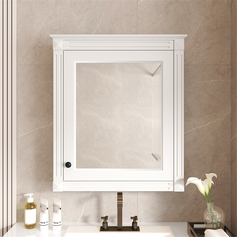 Pemberly Row White Wood Wall Mounted Mirror Medicine Cabinet Bathroom Organizer