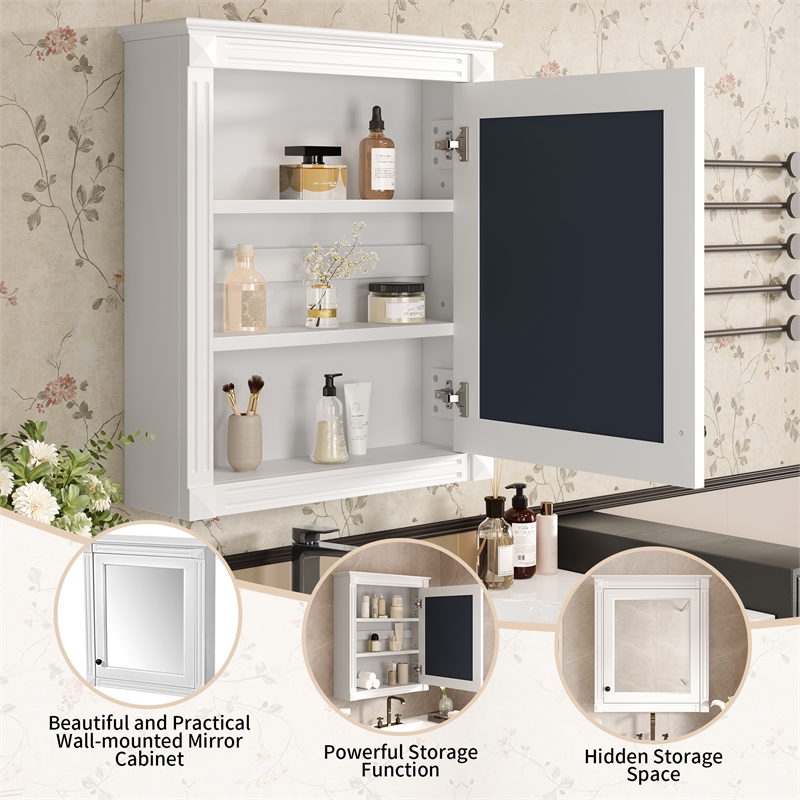 Pemberly Row White Wood Wall Mounted Mirror Medicine Cabinet Bathroom Organizer