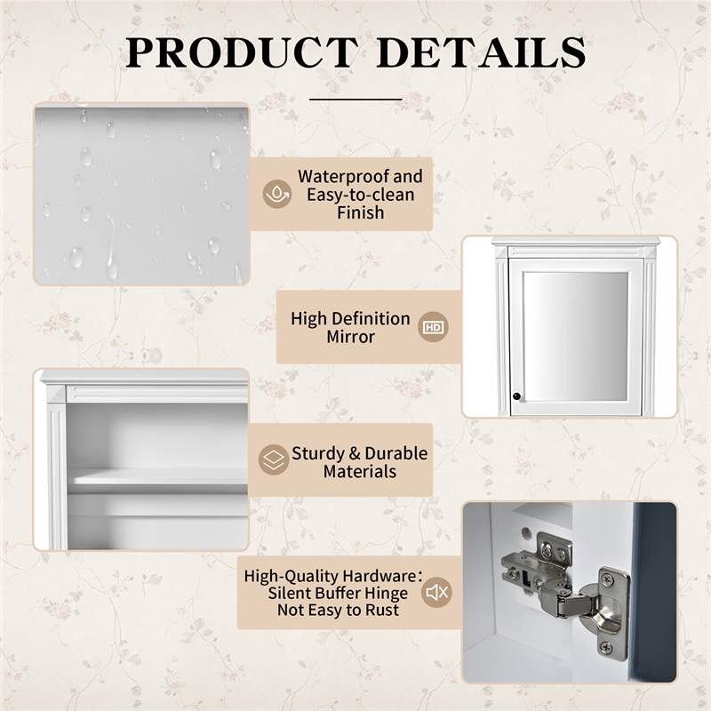 Pemberly Row White Wood Wall Mounted Mirror Medicine Cabinet Bathroom Organizer