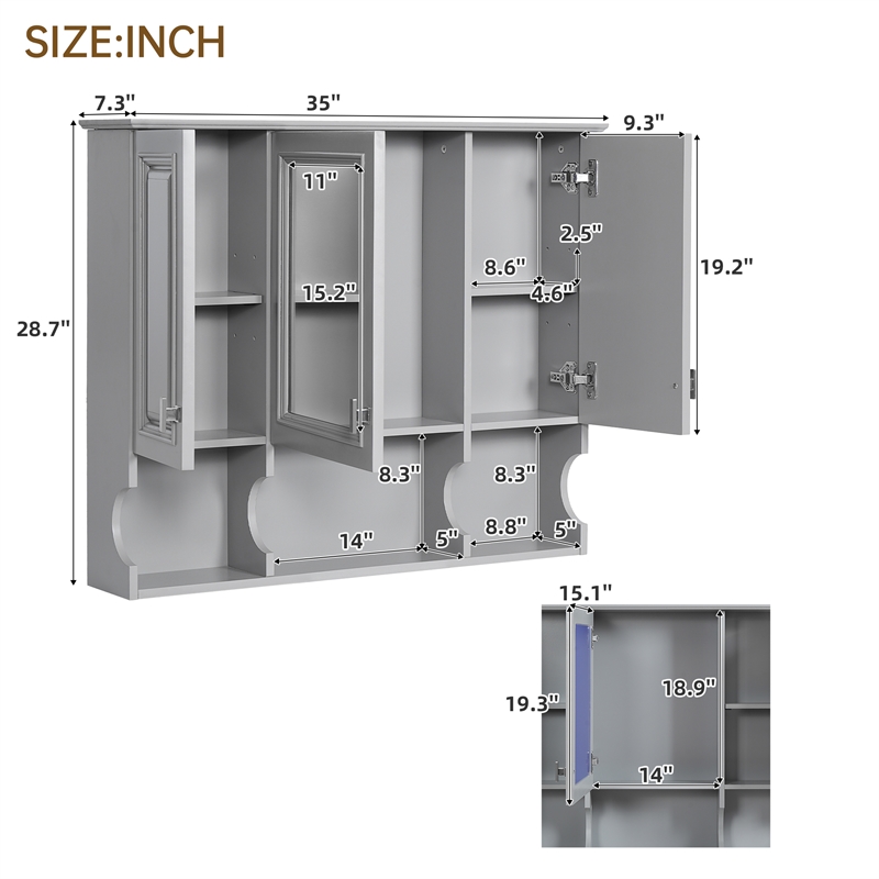 Pemberly Row Wall Mounted Bathroom Medicine Cabinet with Mirror & Open Shelves