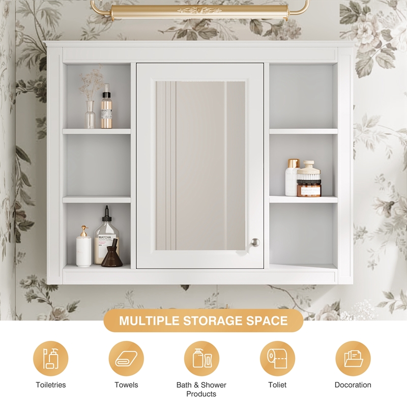 Pemberly Row White Medicine Cabinet with Mirror & 6 Open Shelves Wall Mounted