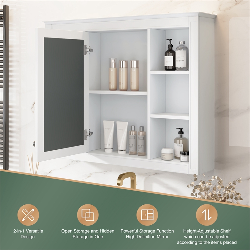 Pemberly Row White Medicine Cabinet with Mirror & 6 Open Shelves Wall Mounted