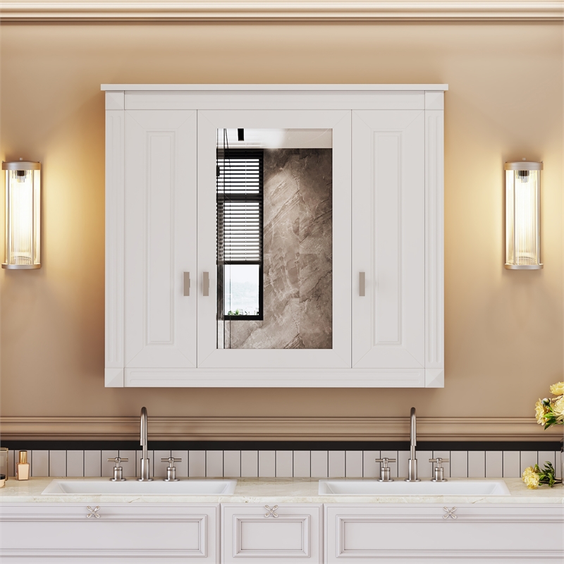 Pemberly Row White Wood Wall Mounted Mirror Medicine Cabinet with 4 Shelves