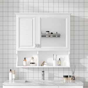 Pemberly Row White Wood 30&quot Mirror Medicine Cabinet with Open Shelves & Doors