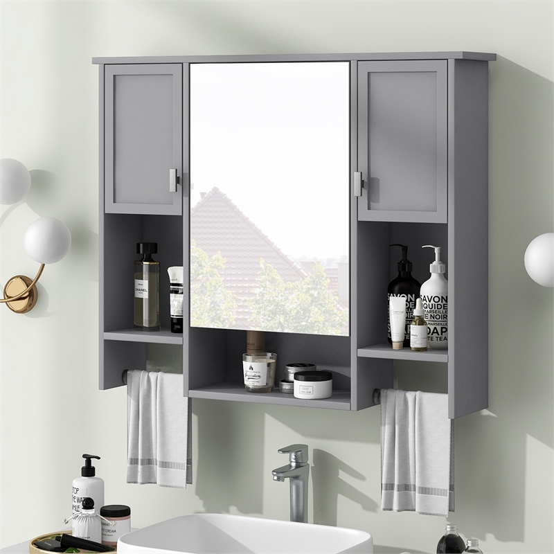 Pemberly Row Gray Solid Wood Bathroom Wall Cabinet with Mirror & Towel Bar