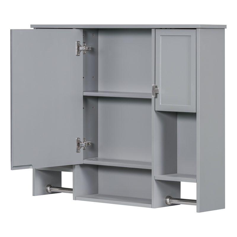 Pemberly Row Gray Solid Wood Bathroom Wall Cabinet with Mirror & Towel Bar