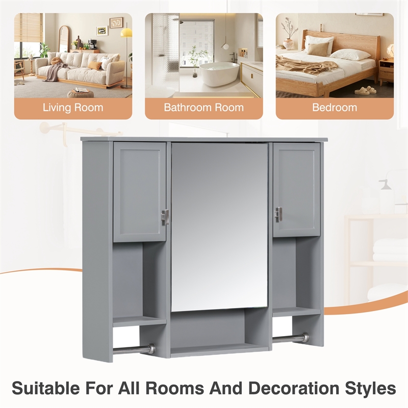 Pemberly Row Gray Solid Wood Bathroom Wall Cabinet with Mirror & Towel Bar