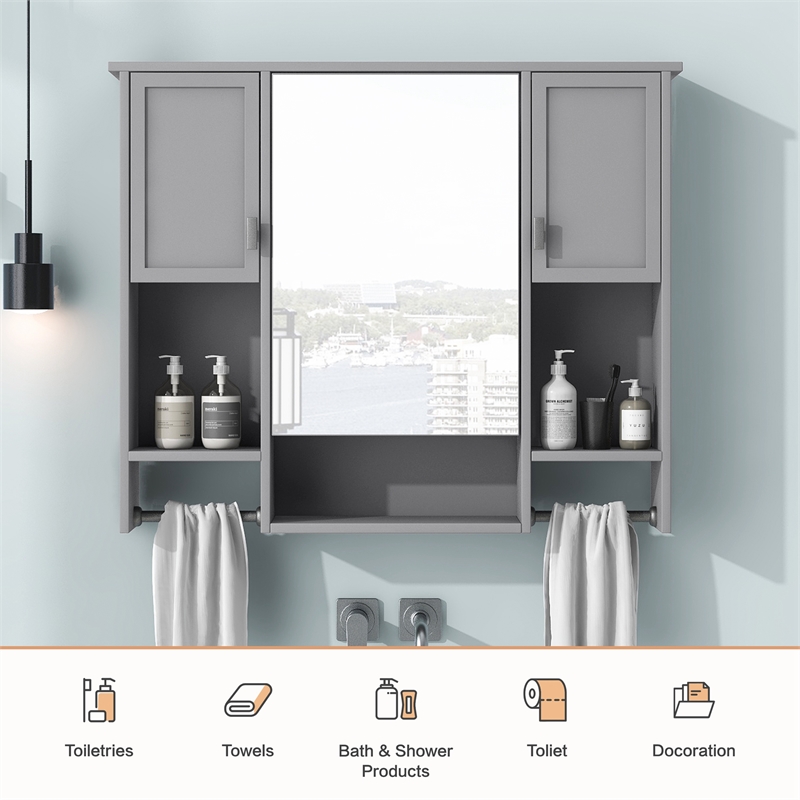 Pemberly Row Gray Solid Wood Bathroom Wall Cabinet with Mirror & Towel Bar