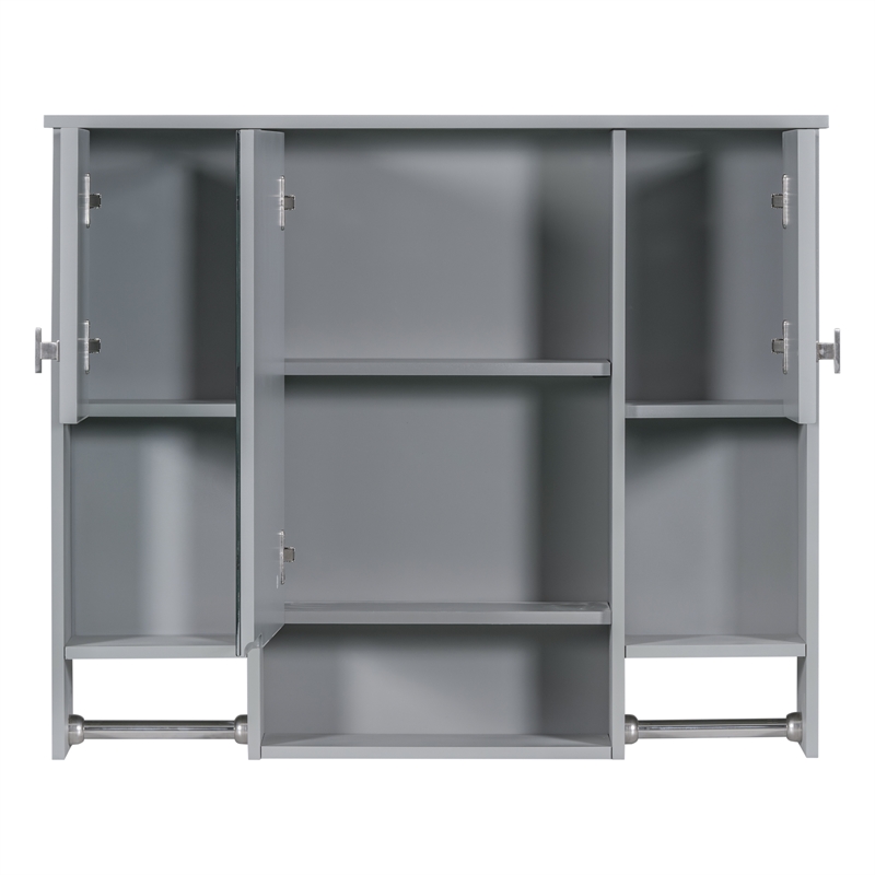 Pemberly Row Gray Solid Wood Bathroom Wall Cabinet with Mirror & Towel Bar