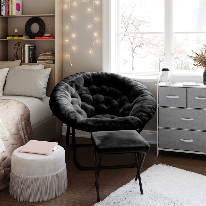 Pemberly Row Folding XL Faux Fur Saucer Chair with Ottoman in Black/Black