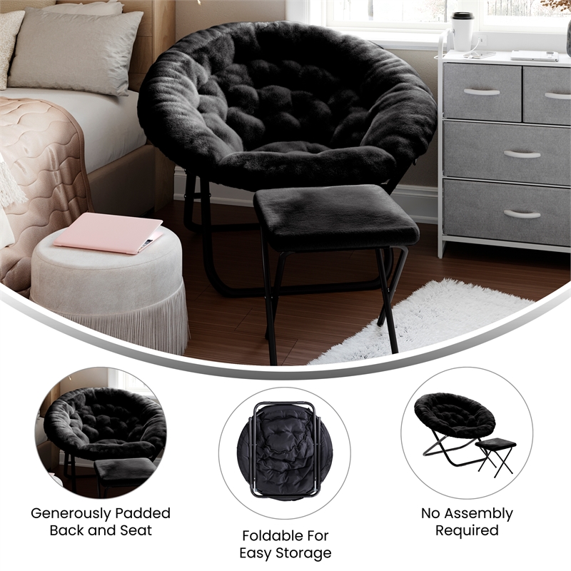 Pemberly Row Folding XL Faux Fur Saucer Chair with Ottoman in Black/Black