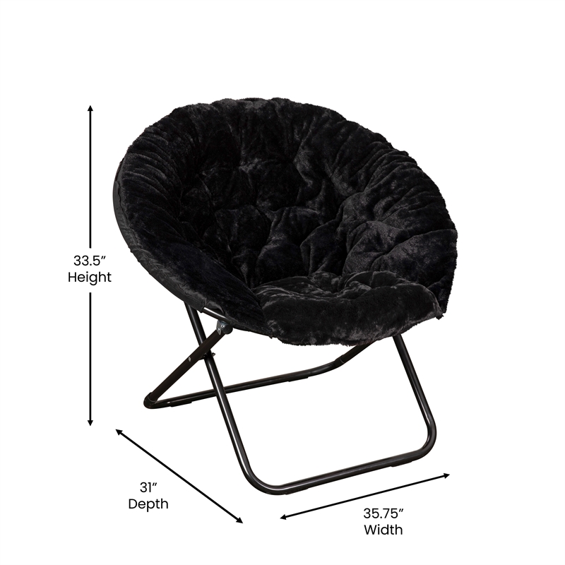 Pemberly Row Folding XL Faux Fur Saucer Chair with Ottoman in Black/Black