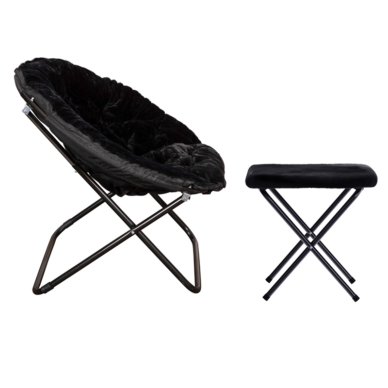 Pemberly Row Folding XL Faux Fur Saucer Chair with Ottoman in Black/Black