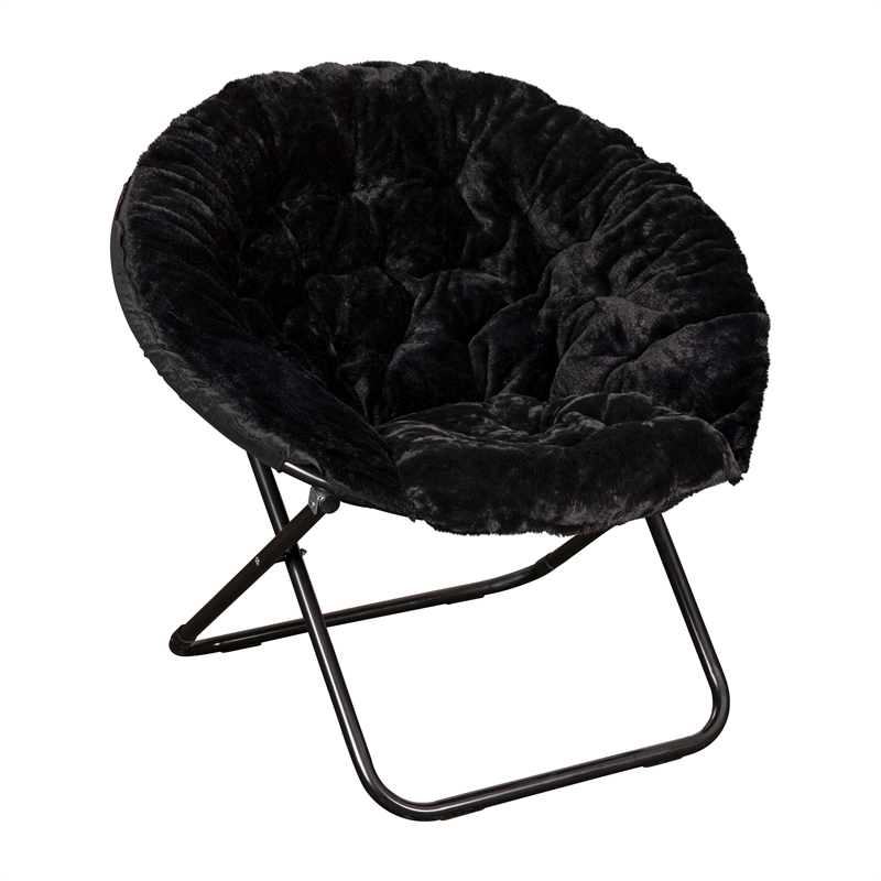 Pemberly Row Folding XL Faux Fur Saucer Chair with Ottoman in Black/Black