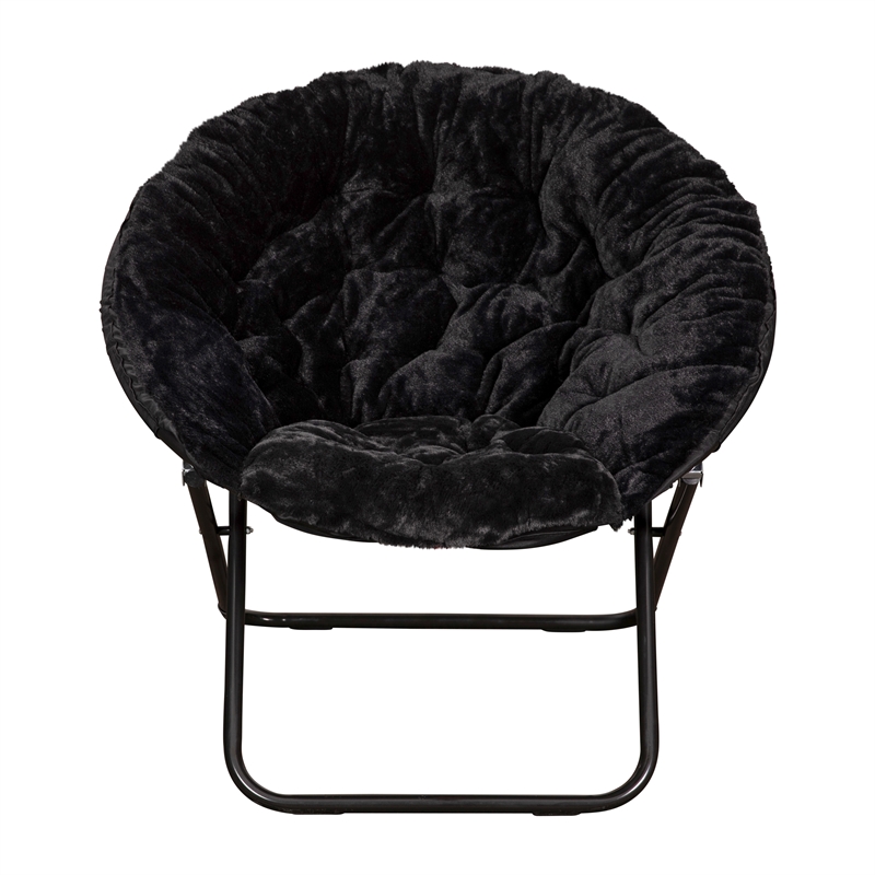 Pemberly Row Folding XL Faux Fur Saucer Chair with Ottoman in Black/Black