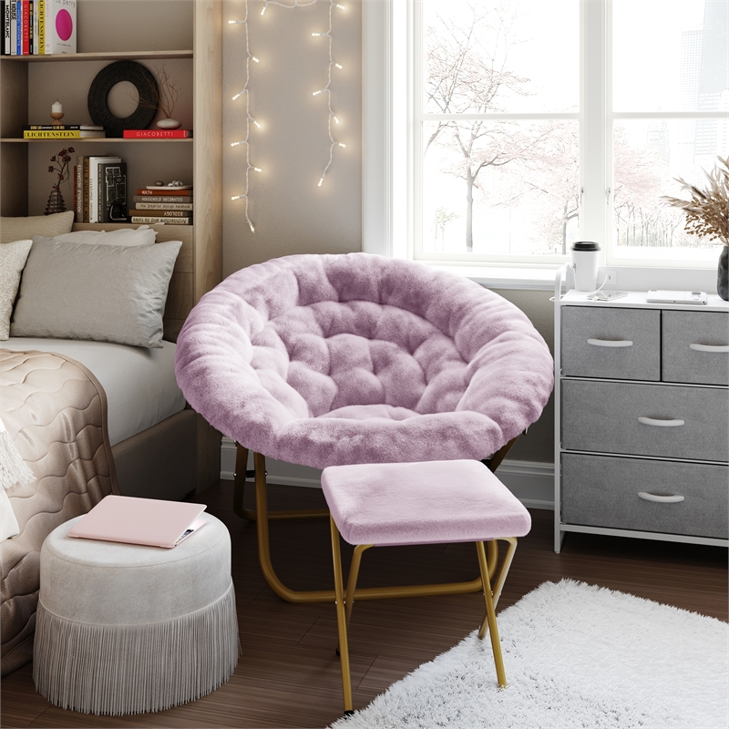 Pemberly Row Folding XL Faux Fur Saucer Chair with Ottoman in Dusty Purple/Gold