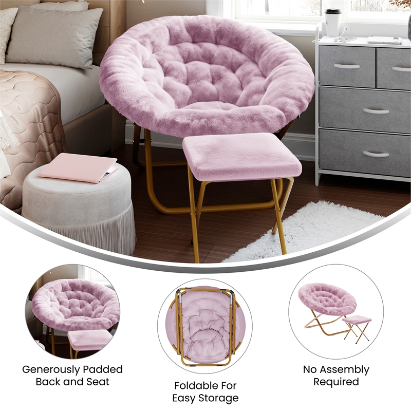 Pemberly Row Folding XL Faux Fur Saucer Chair with Ottoman in Dusty Purple/Gold