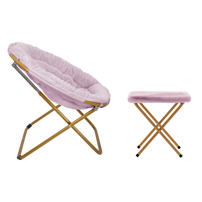 Pemberly Row Folding XL Faux Fur Saucer Chair with Ottoman in Dusty Purple/Gold