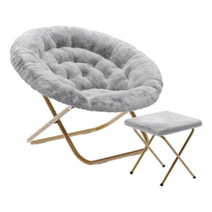 Pemberly Row Folding XL Faux Fur Saucer Chair with Ottoman in Gray/Soft Gold