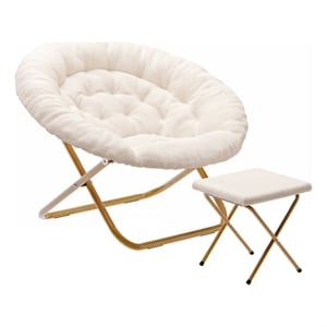 Pemberly Row Folding XL Faux Shearling Saucer Chair with Ottoman in Ivory/Gold