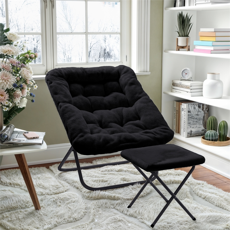 Pemberly Row Oversized Folding Faux Fur Saucer Chair with Ottoman in Black/Black