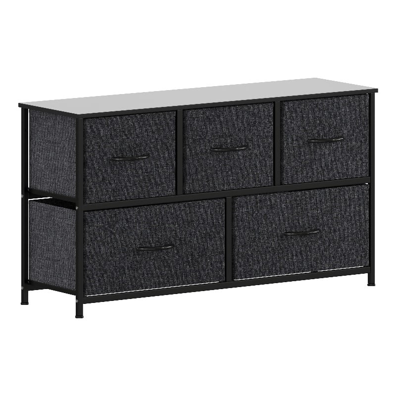 Pemberly Row 5 Drawer Dresser with Black Wood Top and Black Iron Frame