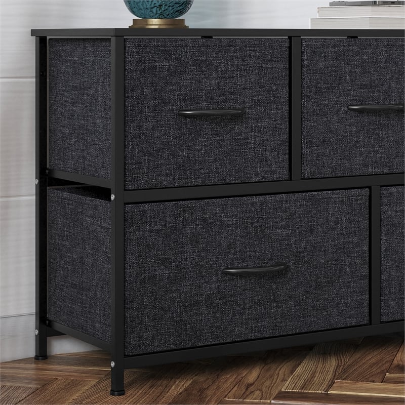Pemberly Row 5 Drawer Dresser with Black Wood Top and Black Iron Frame
