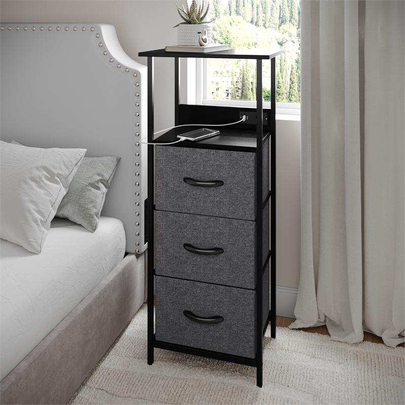 Pemberly Row 3 Drawer Nightstand with USB & Outlet Charging Station in Charc/Bk