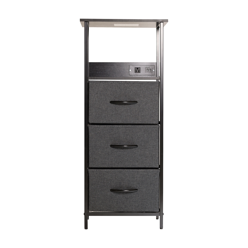 Pemberly Row 3 Drawer Nightstand with USB & Outlet Charging Station in Charc/Bk