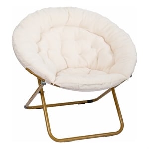 Pemberly Row Folding XL Faux Fur Saucer Chair for Dorm in Ivory/Soft Gold