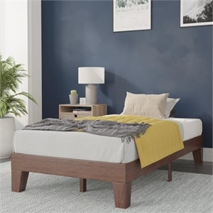 Pemberly Row Wood Platform Twin Bed with 14 Support Slats in Walnut